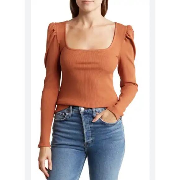 7 For All Mankind Puff Sleeve Square Neck Ribbed Top Size Small NWT Long Sleeves - Picture 1 of 13